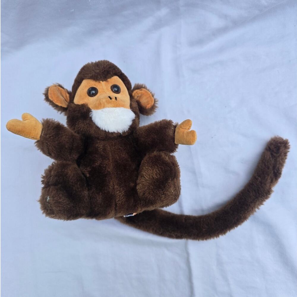 Vintage R Dakin Monkey Plush Long Tail White Beard Brown Yellow Hands 1970s